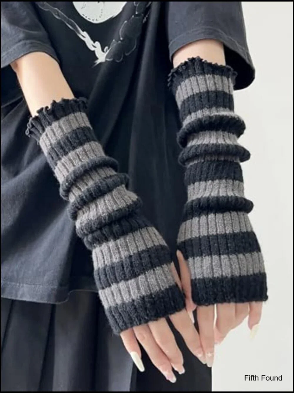 Punk Striped Knit Fingerless Arm Warmers with Thumb Hole Goth Y2k Cosplay Gloves